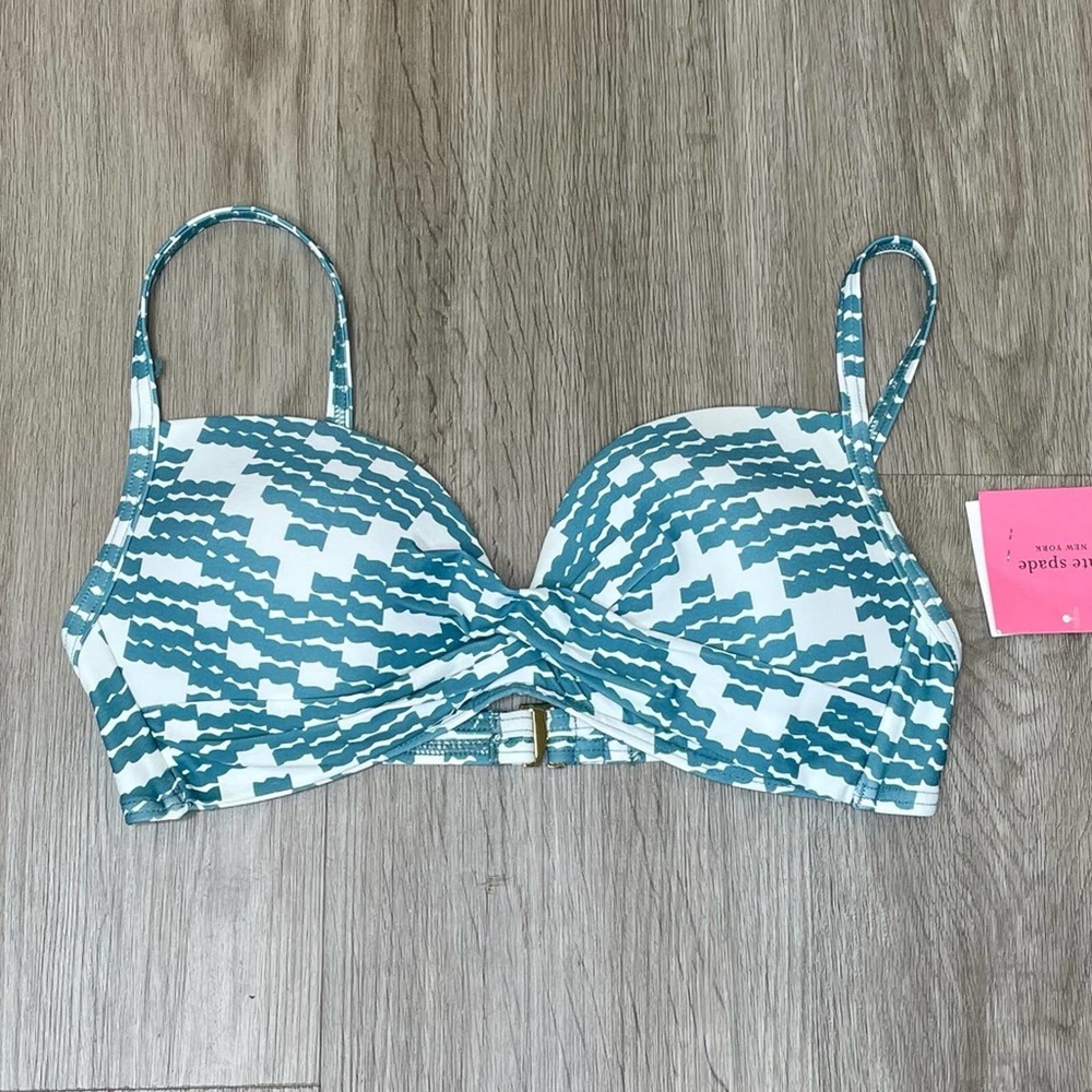 Kate Spade Women's Green/White Harbor Fog Woven Print Molded Cup Bikini Swim Top